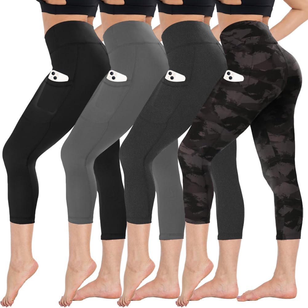 4 Pack Capri Leggings for Women - High Waisted Capris Tummy Control Yoga Pants with Pockets Workout Cycling Tights