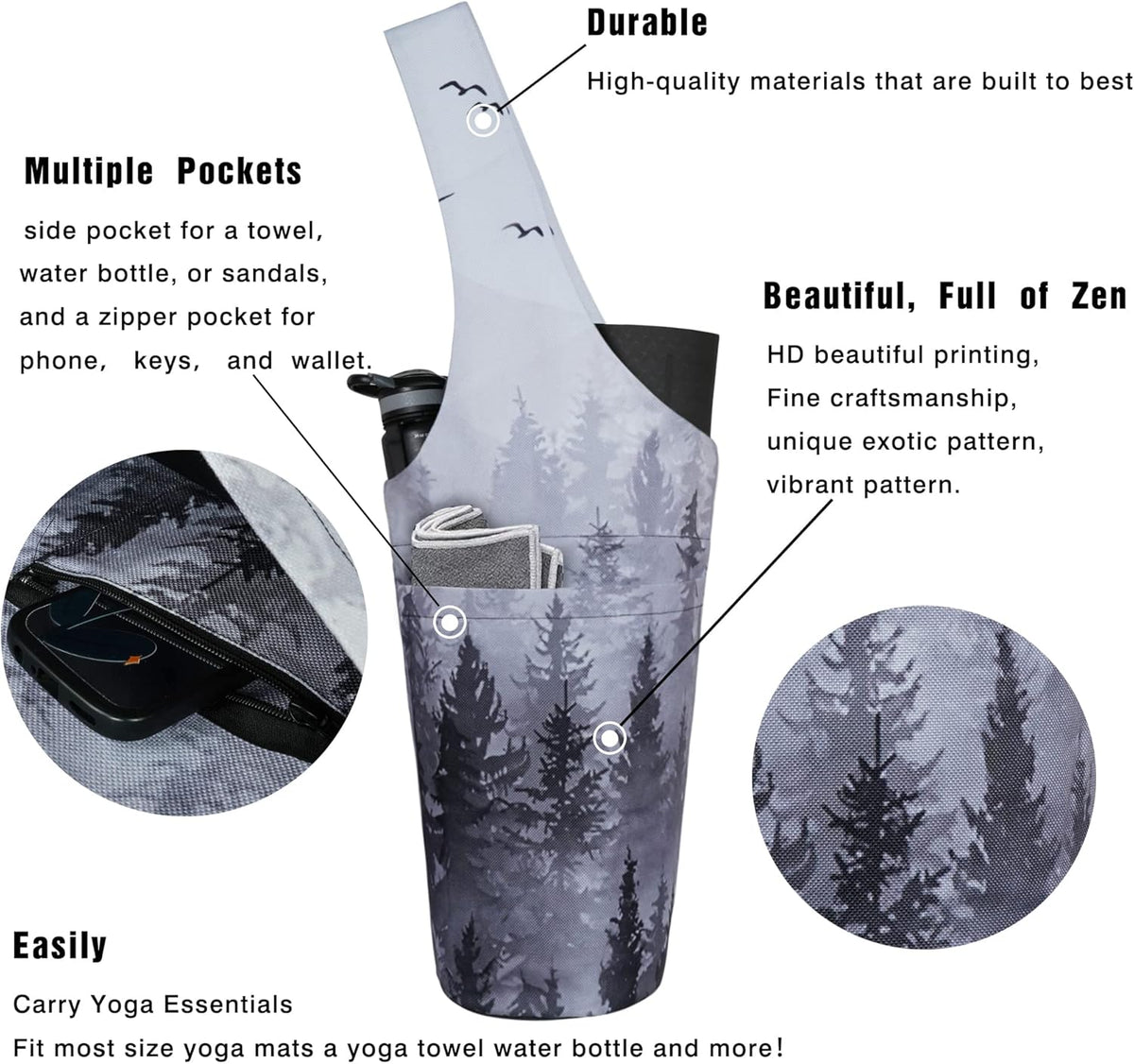 Yoga Mat Bag - Long Tote with Pockets - Holds More Yoga Accessories - Yoga Bag Fit Most Size Mats - Yoga Mat Carrier