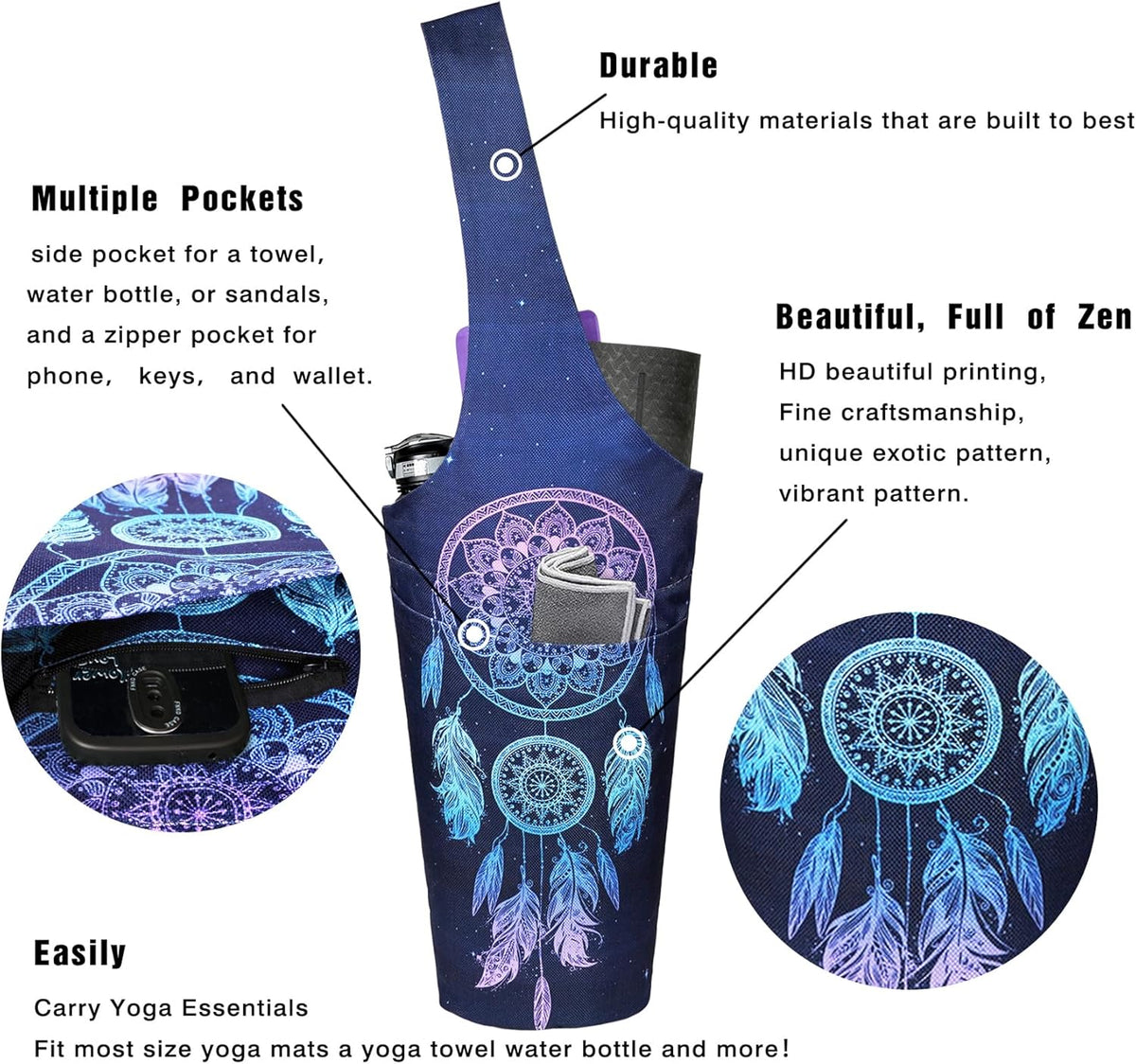 Yoga Mat Bag - Long Tote with Pockets - Holds More Yoga Accessories - Yoga Bag Fit Most Size Mats - Yoga Mat Carrier