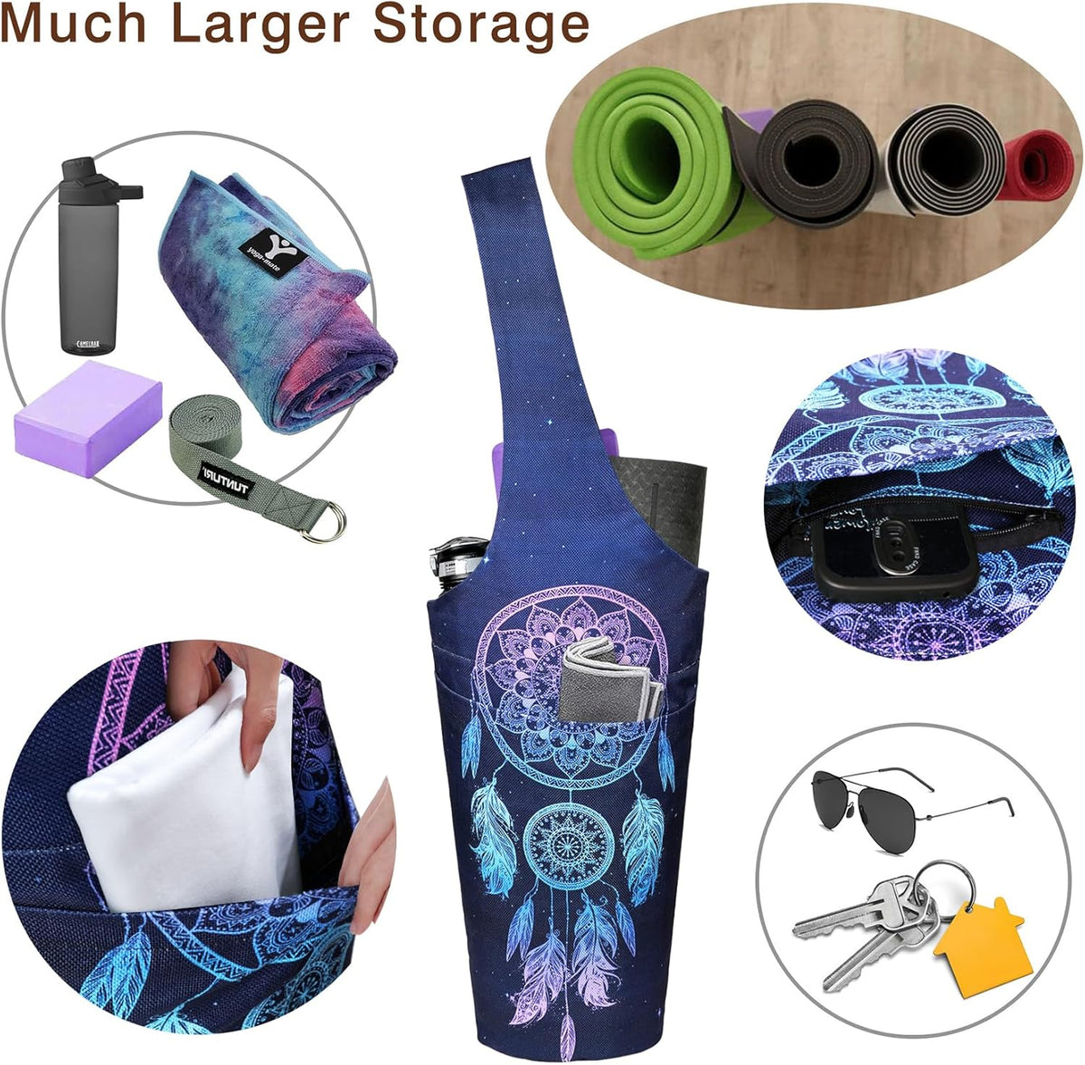 Yoga Mat Bag - Long Tote with Pockets - Holds More Yoga Accessories - Yoga Bag Fit Most Size Mats - Yoga Mat Carrier