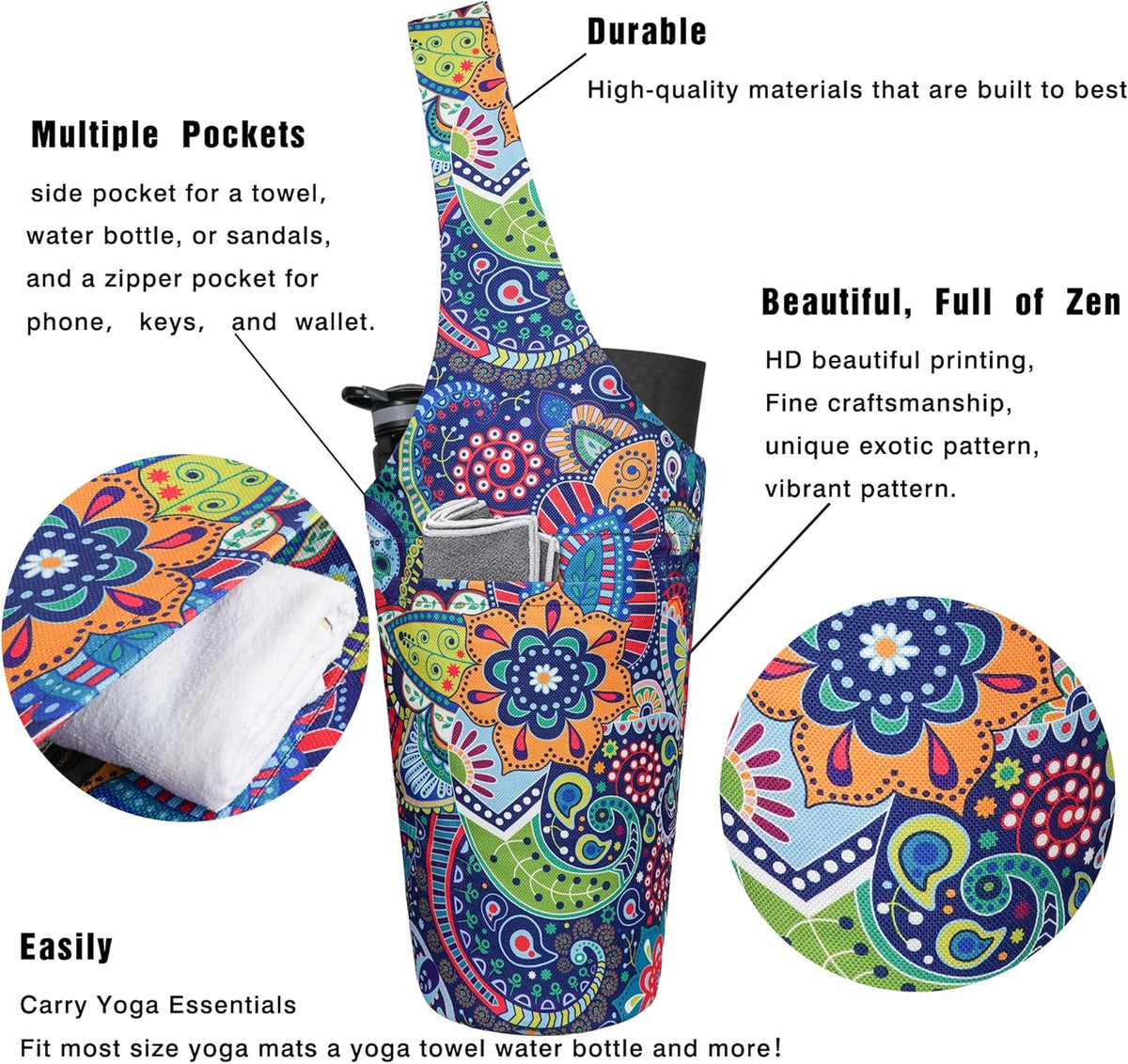 Yoga Mat Bag - Long Tote with Pockets - Holds More Yoga Accessories - Yoga Bag Fit Most Size Mats - Yoga Mat Carrier