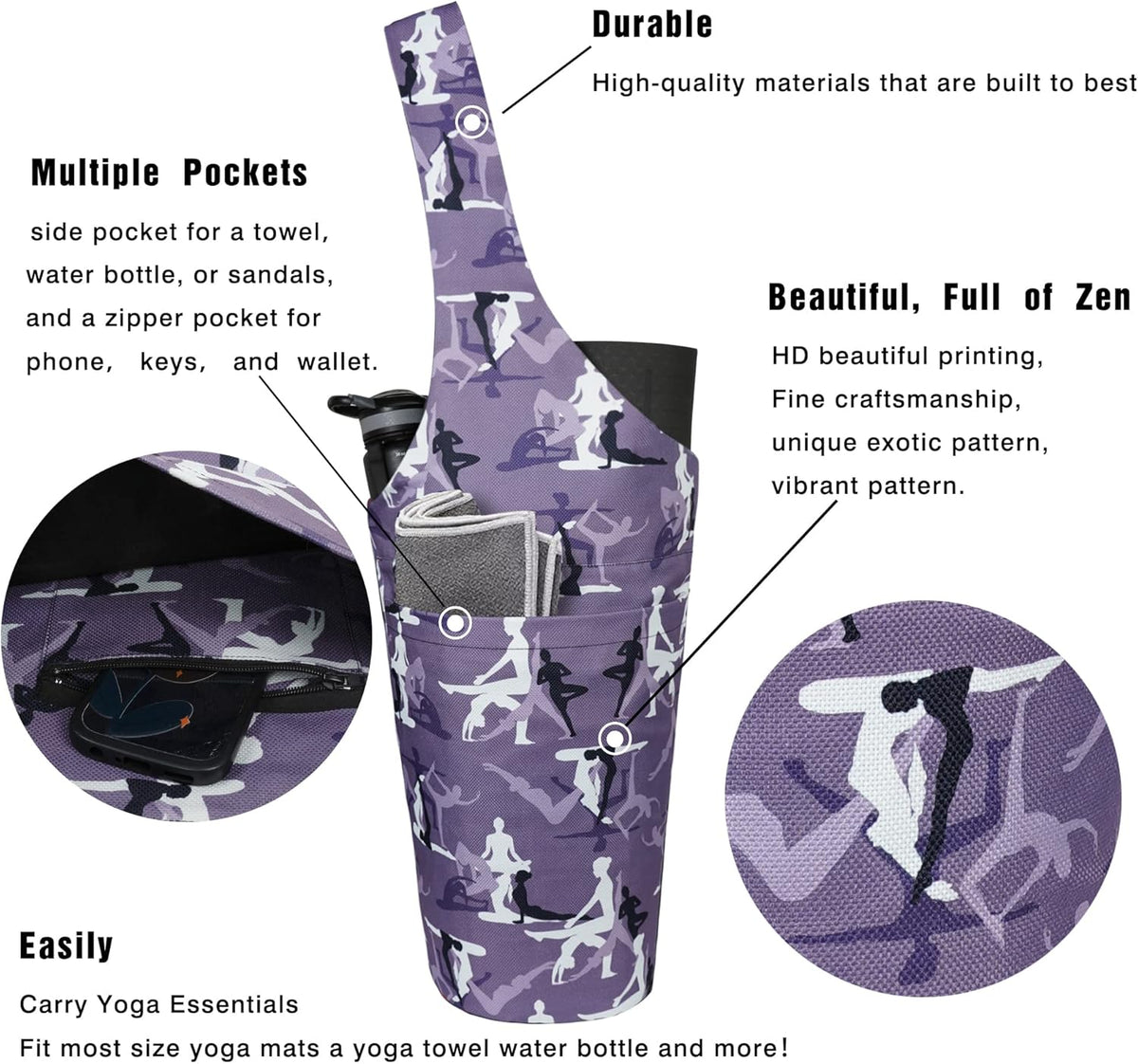 Yoga Mat Bag - Long Tote with Pockets - Holds More Yoga Accessories - Yoga Bag Fit Most Size Mats - Yoga Mat Carrier
