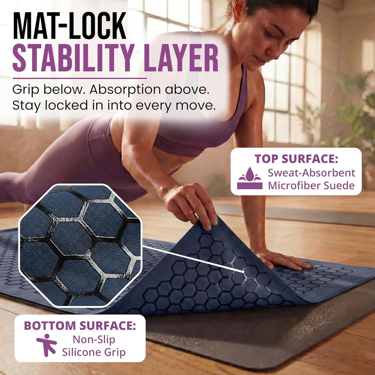 Hot Yoga Mat Towel – Non-Slip Grip for Hot Yoga, Sweat Absorbent, Honeycomb Silicone Grip, Stays Flat – Ideal for Pilates, Travel, Washable & Lightweight - Gray