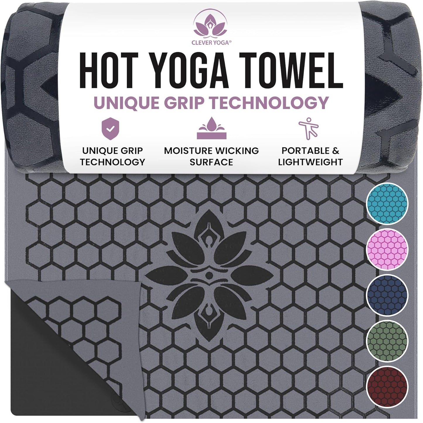 Hot Yoga Mat Towel – Non-Slip Grip for Hot Yoga, Sweat Absorbent, Honeycomb Silicone Grip, Stays Flat – Ideal for Pilates, Travel, Washable & Lightweight - Gray