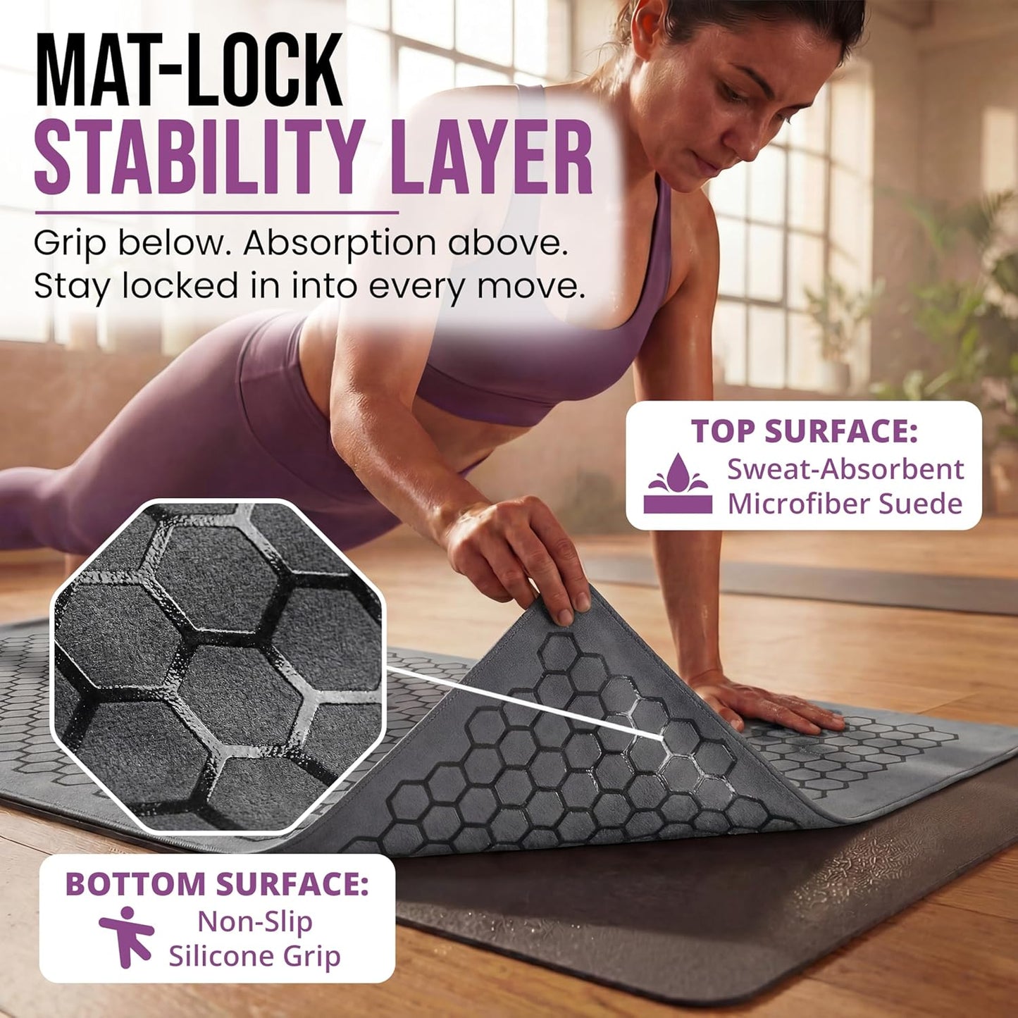Hot Yoga Mat Towel – Non-Slip Grip for Hot Yoga, Sweat Absorbent, Honeycomb Silicone Grip, Stays Flat – Ideal for Pilates, Travel, Washable & Lightweight - Gray