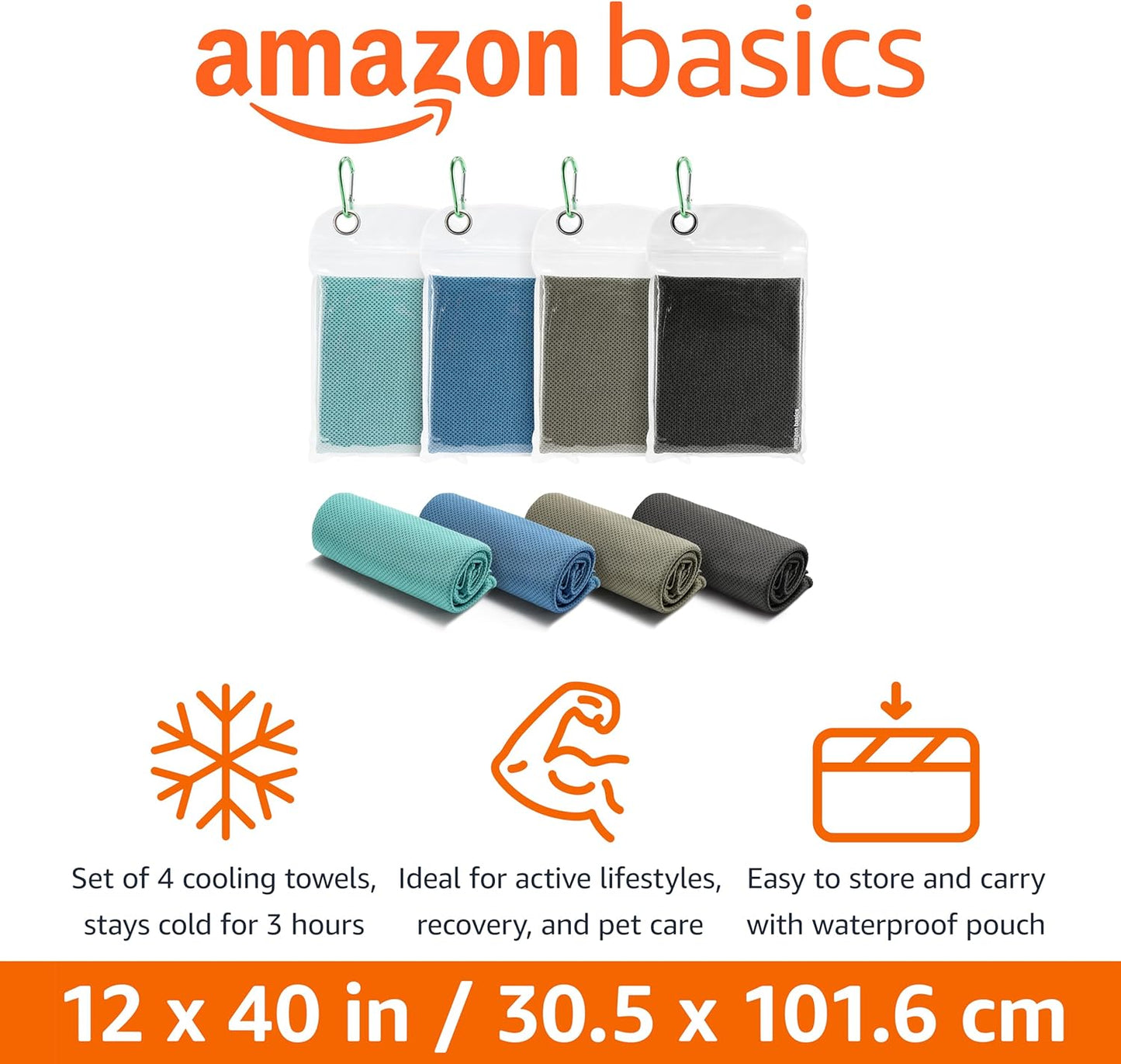 Cooling Towels for Neck and Face, Sports, Workout Recovery, 40" x 12", Black/Gray/Aqua/Navy, 4-Pack