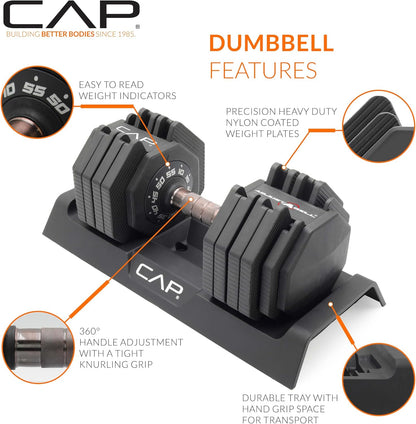 ADJUSTABELL Adjustable Dumbbell Set, Premium Quick Select Adjustable Weights for Strength Training, Singles & Pairs, 12.5 LB, 25 LB & 55 LB, Round & Hex Dumbbells, Multiple Grip Handle Options