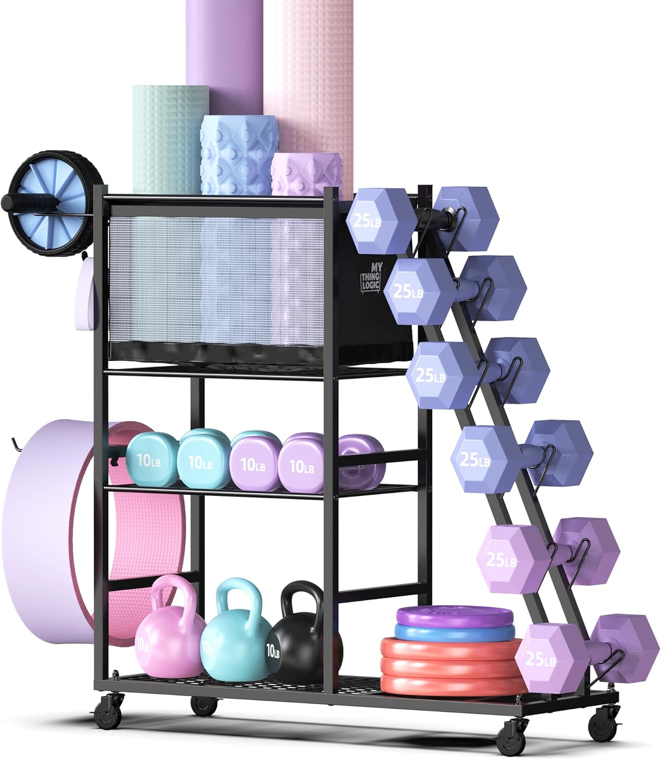 Dumbbell Rack for Home Gym, Weight Rack for Dumbbells,Yoga Mat Holder for Yoga Mat and Kettlebells, Multifunctional Home Gym Storage Rack with Casters