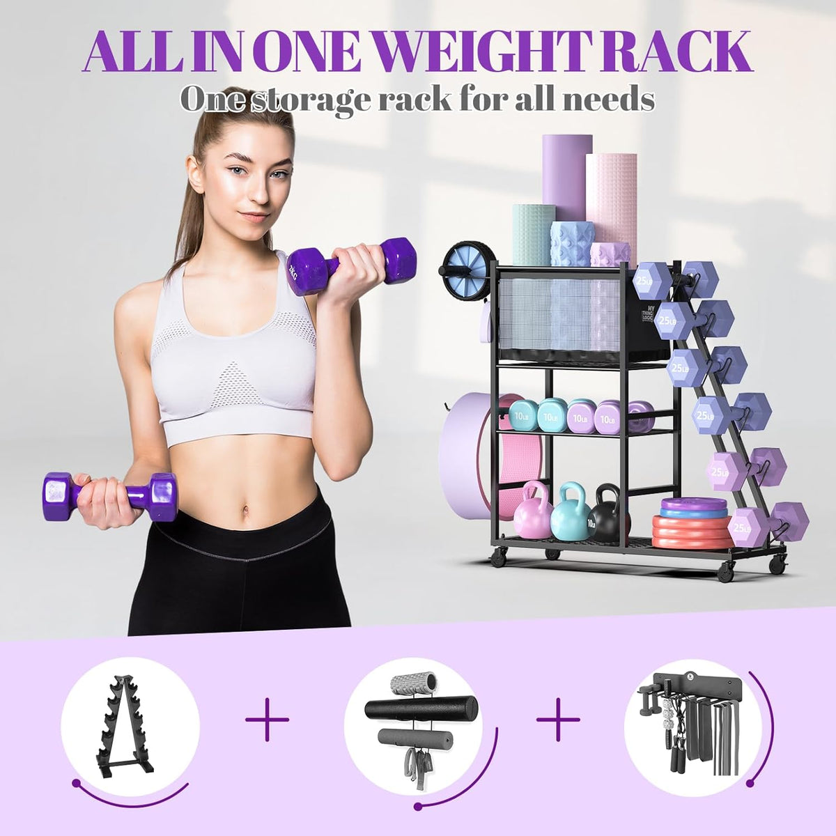 Dumbbell Rack for Home Gym, Weight Rack for Dumbbells,Yoga Mat Holder for Yoga Mat and Kettlebells, Multifunctional Home Gym Storage Rack with Casters