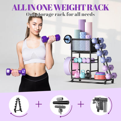 Dumbbell Rack for Home Gym, Weight Rack for Dumbbells,Yoga Mat Holder for Yoga Mat and Kettlebells, Multifunctional Home Gym Storage Rack with Casters