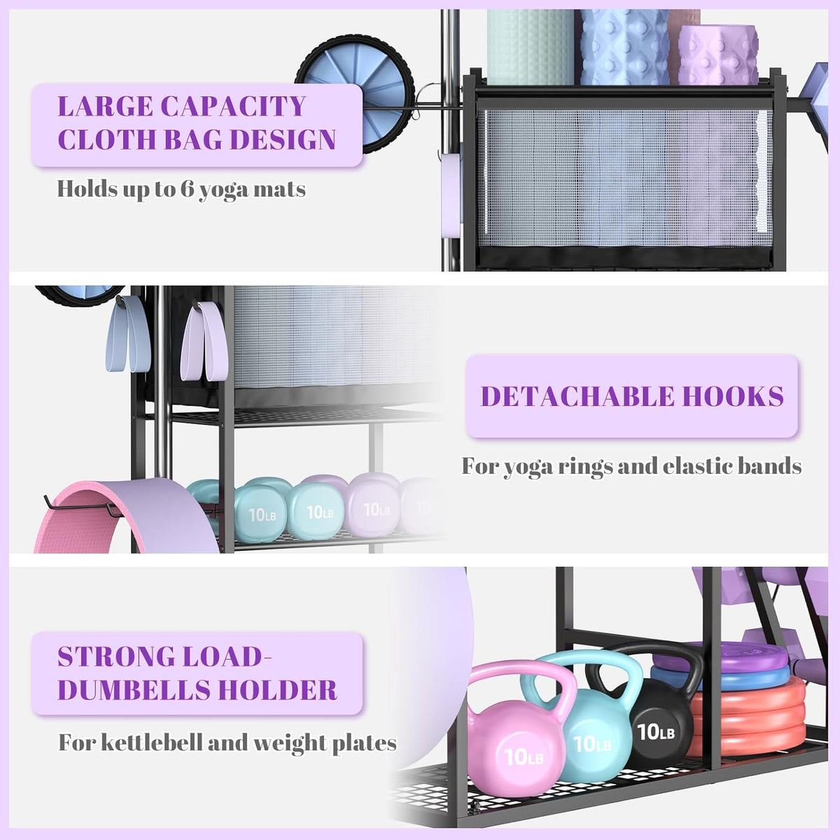 Dumbbell Rack for Home Gym, Weight Rack for Dumbbells,Yoga Mat Holder for Yoga Mat and Kettlebells, Multifunctional Home Gym Storage Rack with Casters