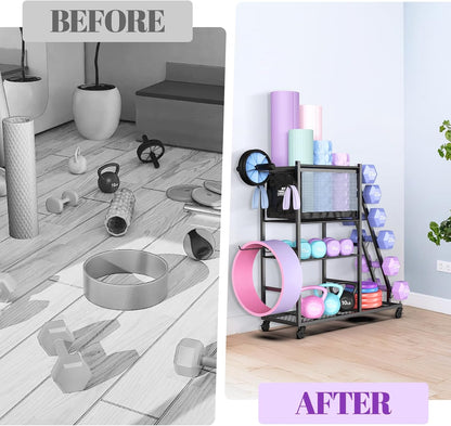 Dumbbell Rack for Home Gym, Weight Rack for Dumbbells,Yoga Mat Holder for Yoga Mat and Kettlebells, Multifunctional Home Gym Storage Rack with Casters