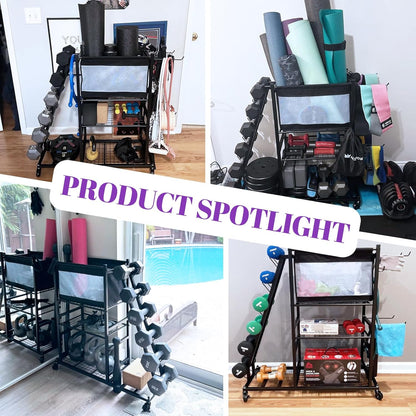 Dumbbell Rack for Home Gym, Weight Rack for Dumbbells,Yoga Mat Holder for Yoga Mat and Kettlebells, Multifunctional Home Gym Storage Rack with Casters