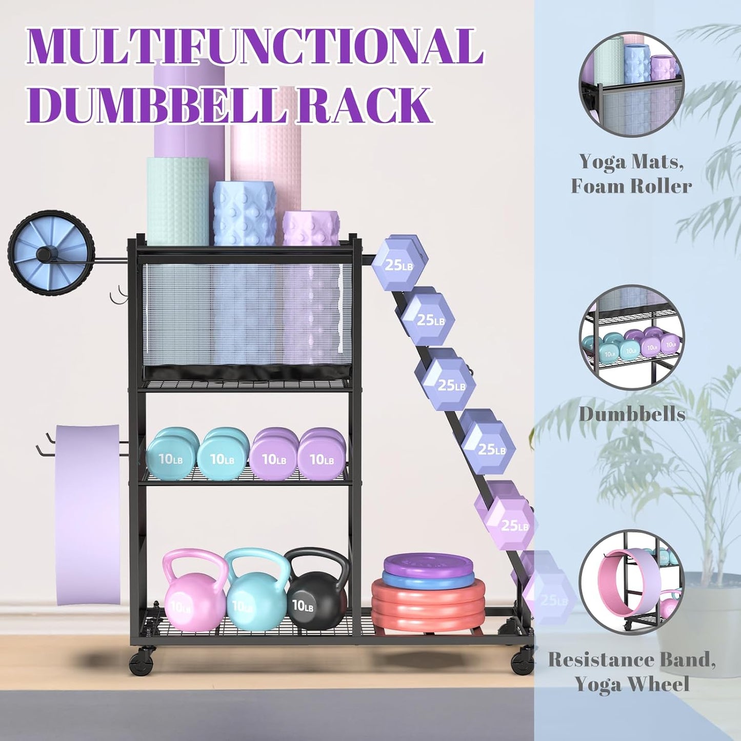 Dumbbell Rack for Home Gym, Weight Rack for Dumbbells,Yoga Mat Holder for Yoga Mat and Kettlebells, Multifunctional Home Gym Storage Rack with Casters