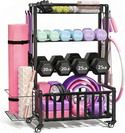 Dumbbell Rack, Home Gym Storage Rack, Adjustable Weight Rack Organizer with Wheels & Hooks, Heavy Duty Gym Equipment Storage, Workout Storage Organizer for Garage Gym