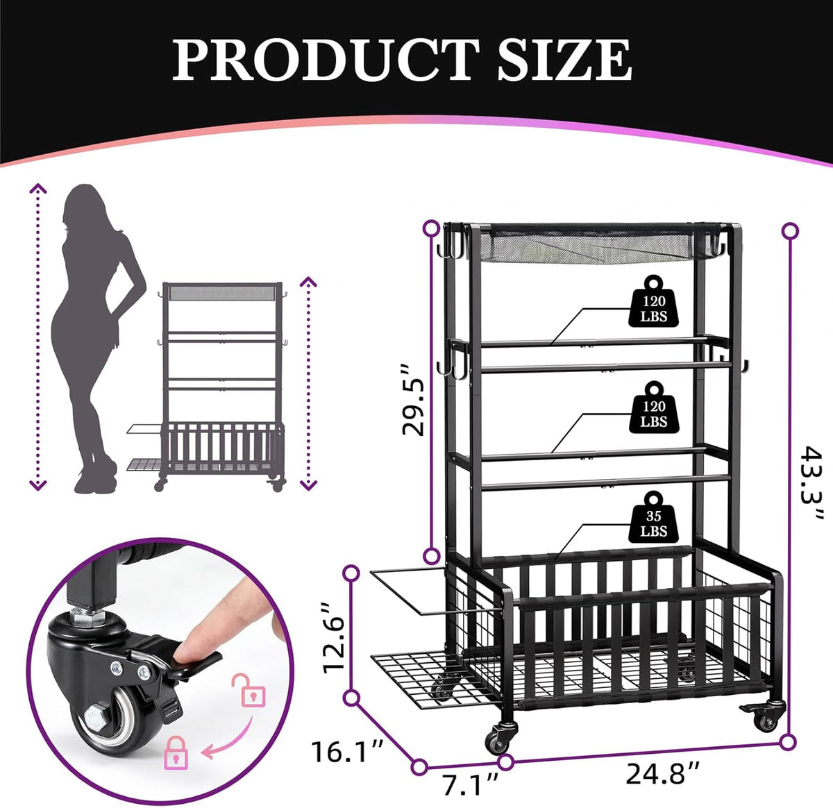 Dumbbell Rack, Home Gym Storage Rack, Adjustable Weight Rack Organizer with Wheels & Hooks, Heavy Duty Gym Equipment Storage, Workout Storage Organizer for Garage Gym