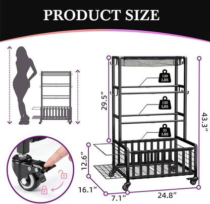 Dumbbell Rack, Home Gym Storage Rack, Adjustable Weight Rack Organizer with Wheels & Hooks, Heavy Duty Gym Equipment Storage, Workout Storage Organizer for Garage Gym