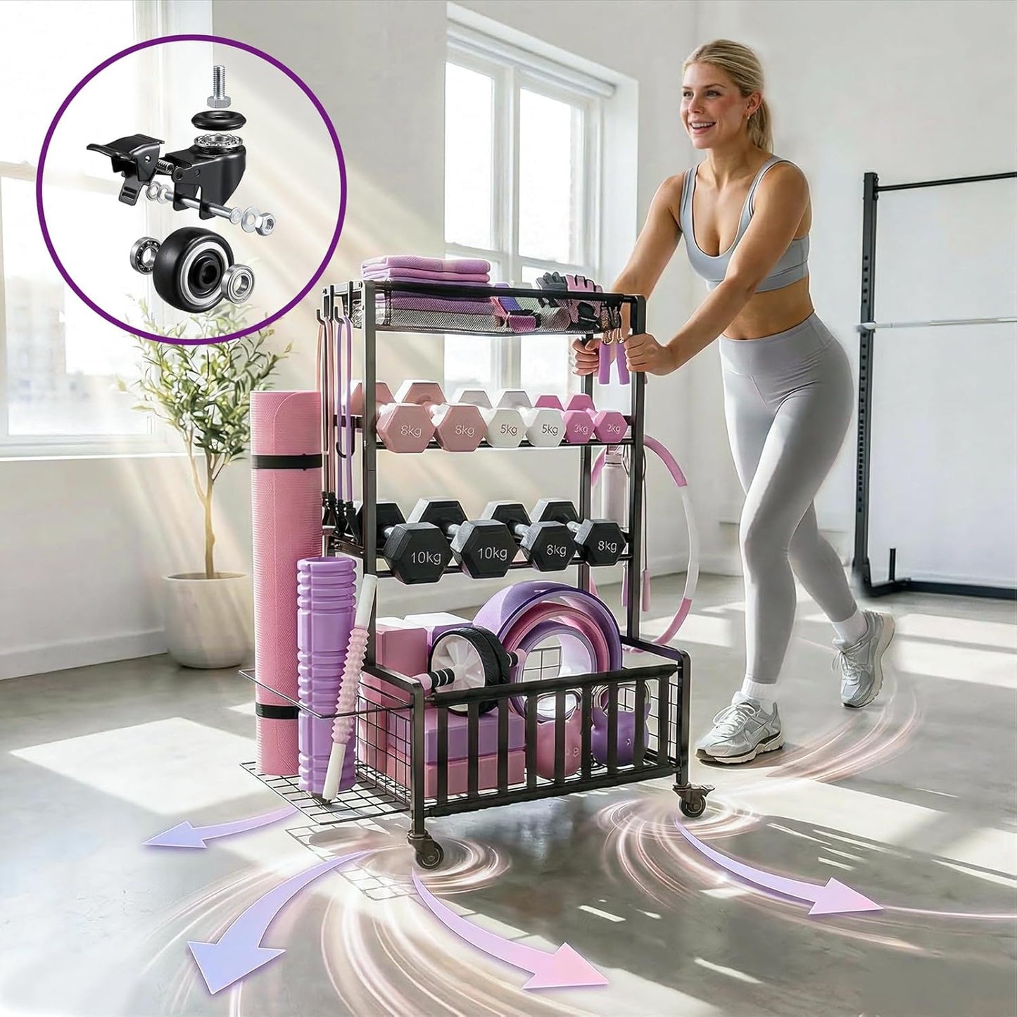 Dumbbell Rack, Home Gym Storage Rack, Adjustable Weight Rack Organizer with Wheels & Hooks, Heavy Duty Gym Equipment Storage, Workout Storage Organizer for Garage Gym