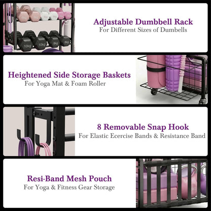 Dumbbell Rack, Home Gym Storage Rack, Adjustable Weight Rack Organizer with Wheels & Hooks, Heavy Duty Gym Equipment Storage, Workout Storage Organizer for Garage Gym