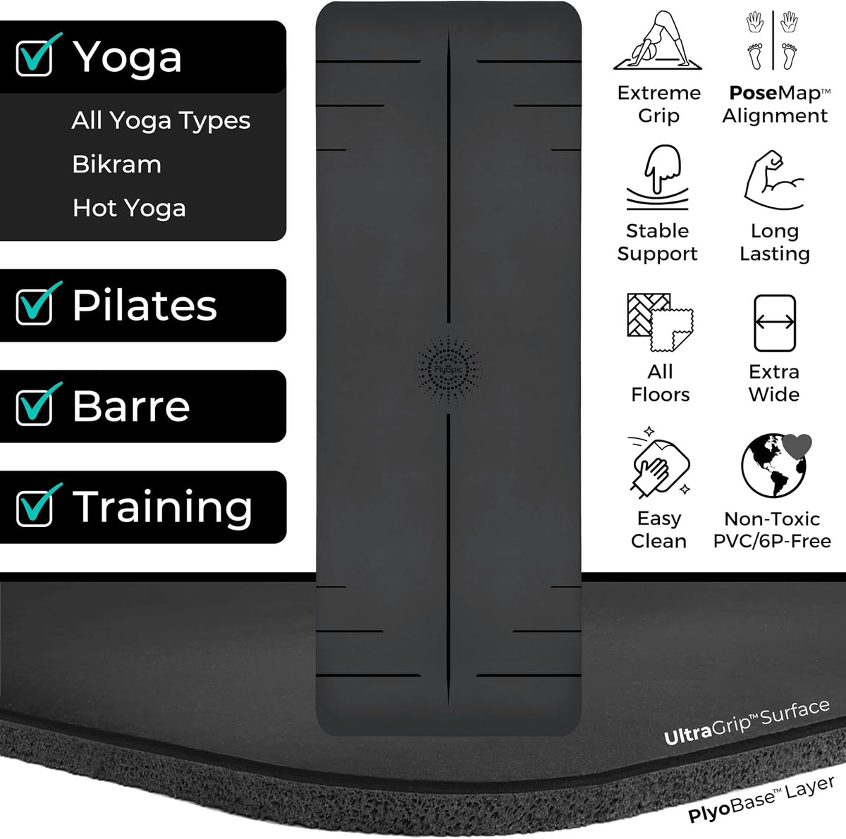 Ultra Grip Pro Yoga Mat – Extreme Non-Slip Grip for Dry & Sweaty Practice, Alignment Lines, Cushioned Support, Extra Wide 72 x 26 in, for Yoga, Pilates & Hot Yoga