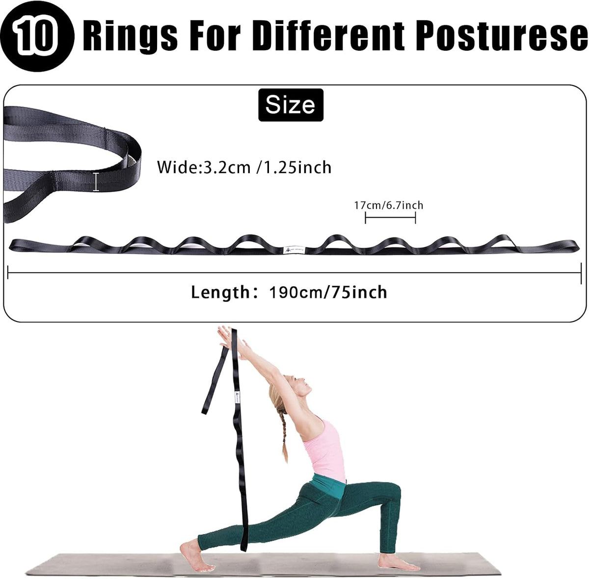Stretching Strap Yoga Strap for Physical Therapy with 10 Loops, Yoga Straps for Stretching, Upgraded Non-Elastic Stretch Band for Pilates, Dance and Gymnastics with Workout Guide