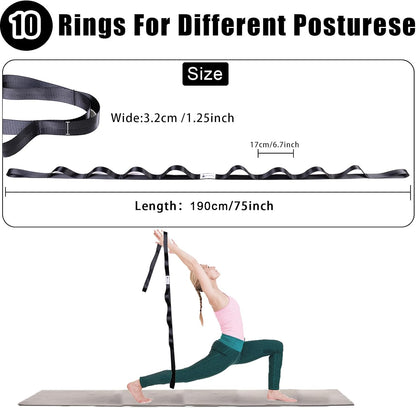 Stretching Strap Yoga Strap for Physical Therapy with 10 Loops, Yoga Straps for Stretching, Upgraded Non-Elastic Stretch Band for Pilates, Dance and Gymnastics with Workout Guide