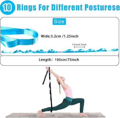 Stretching Strap Yoga Strap for Physical Therapy with 10 Loops, Yoga Straps for Stretching, Upgraded Non-Elastic Stretch Band for Pilates, Dance and Gymnastics with Workout Guide