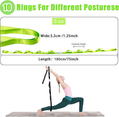 Stretching Strap Yoga Strap for Physical Therapy with 10 Loops, Yoga Straps for Stretching, Upgraded Non-Elastic Stretch Band for Pilates, Dance and Gymnastics with Workout Guide