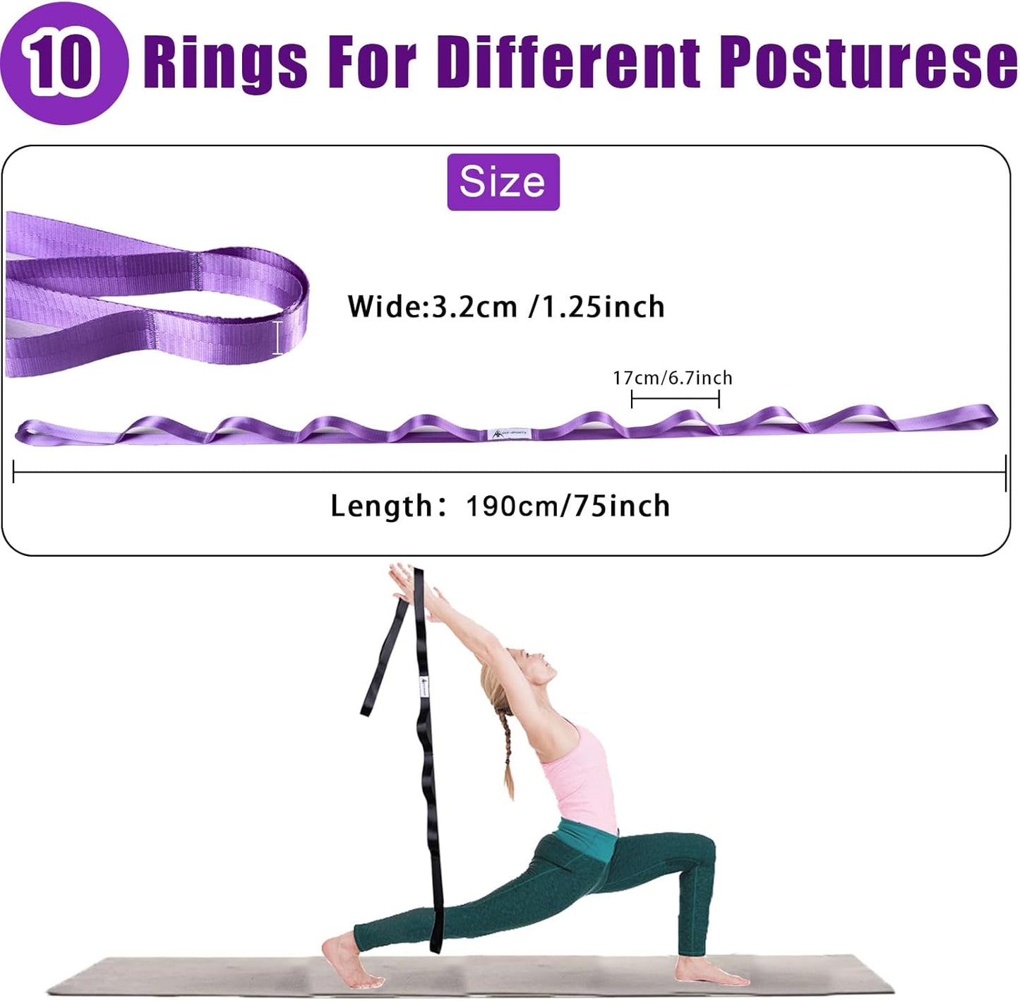 Stretching Strap Yoga Strap for Physical Therapy with 10 Loops, Yoga Straps for Stretching, Upgraded Non-Elastic Stretch Band for Pilates, Dance and Gymnastics with Workout Guide