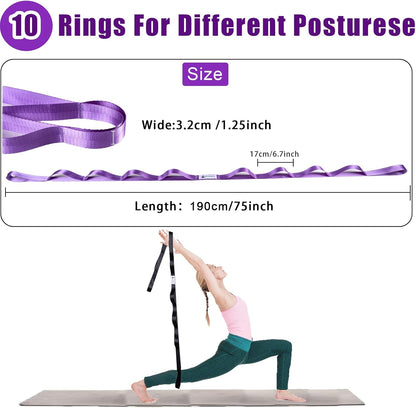 Stretching Strap Yoga Strap for Physical Therapy with 10 Loops, Yoga Straps for Stretching, Upgraded Non-Elastic Stretch Band for Pilates, Dance and Gymnastics with Workout Guide