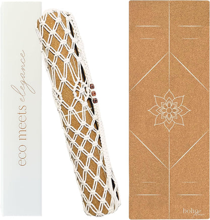 Premium Cork Yoga Mat Large 72"x26" – 5mm Thick Natural Rubber Cushioning - Non Slip Grip for Hot Yoga - Non-toxic & Odor-free - Stylish Alignment Lines & Elegant Boho Yoga Bag