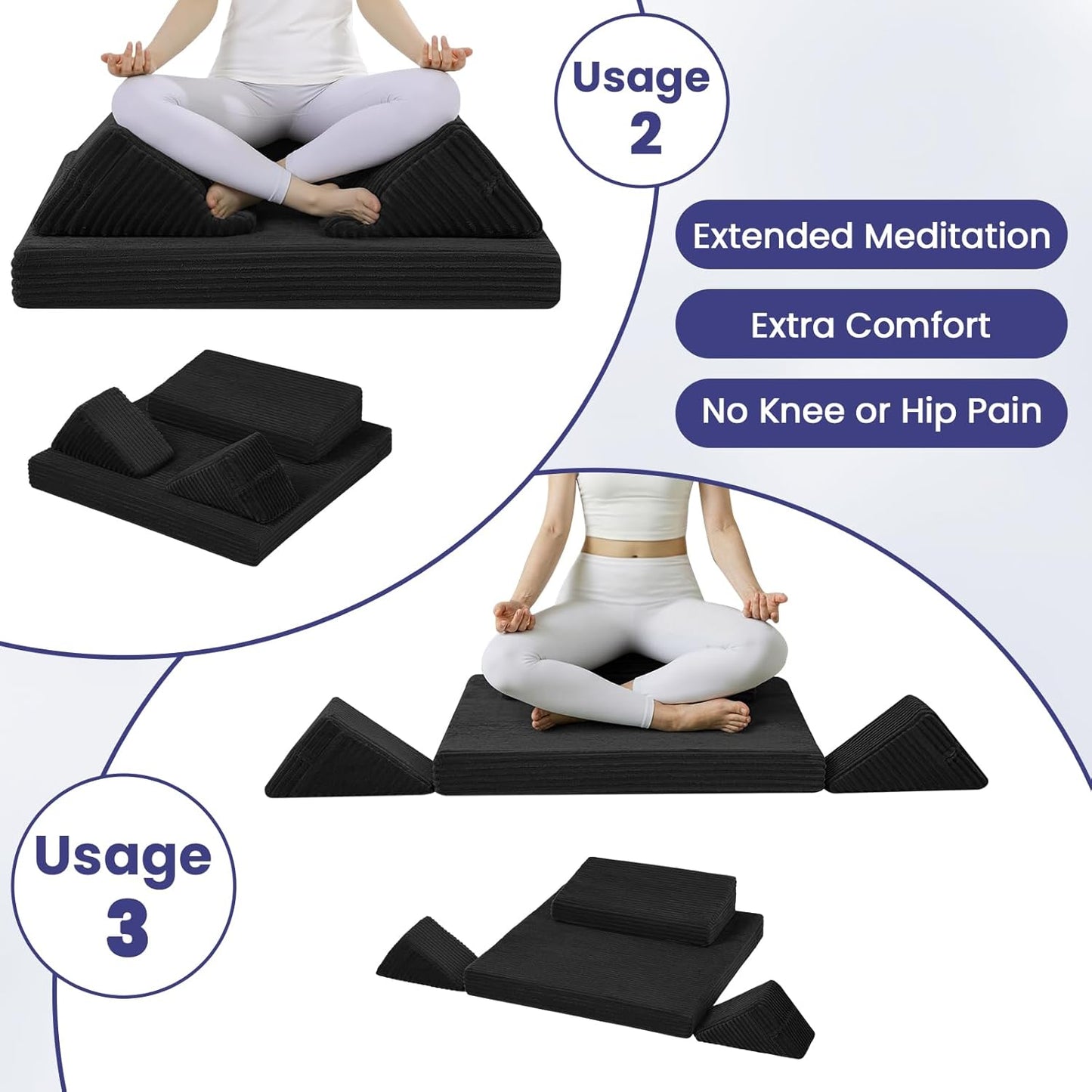 Meditation Cushion, Meditation Mat with Knee Support, Dark Grey | Large Washable Meditation Pillow for Sitting on Floor, Yoga Pillow with 2 Knee Cushions for Comfortable Sitting, 24x24in