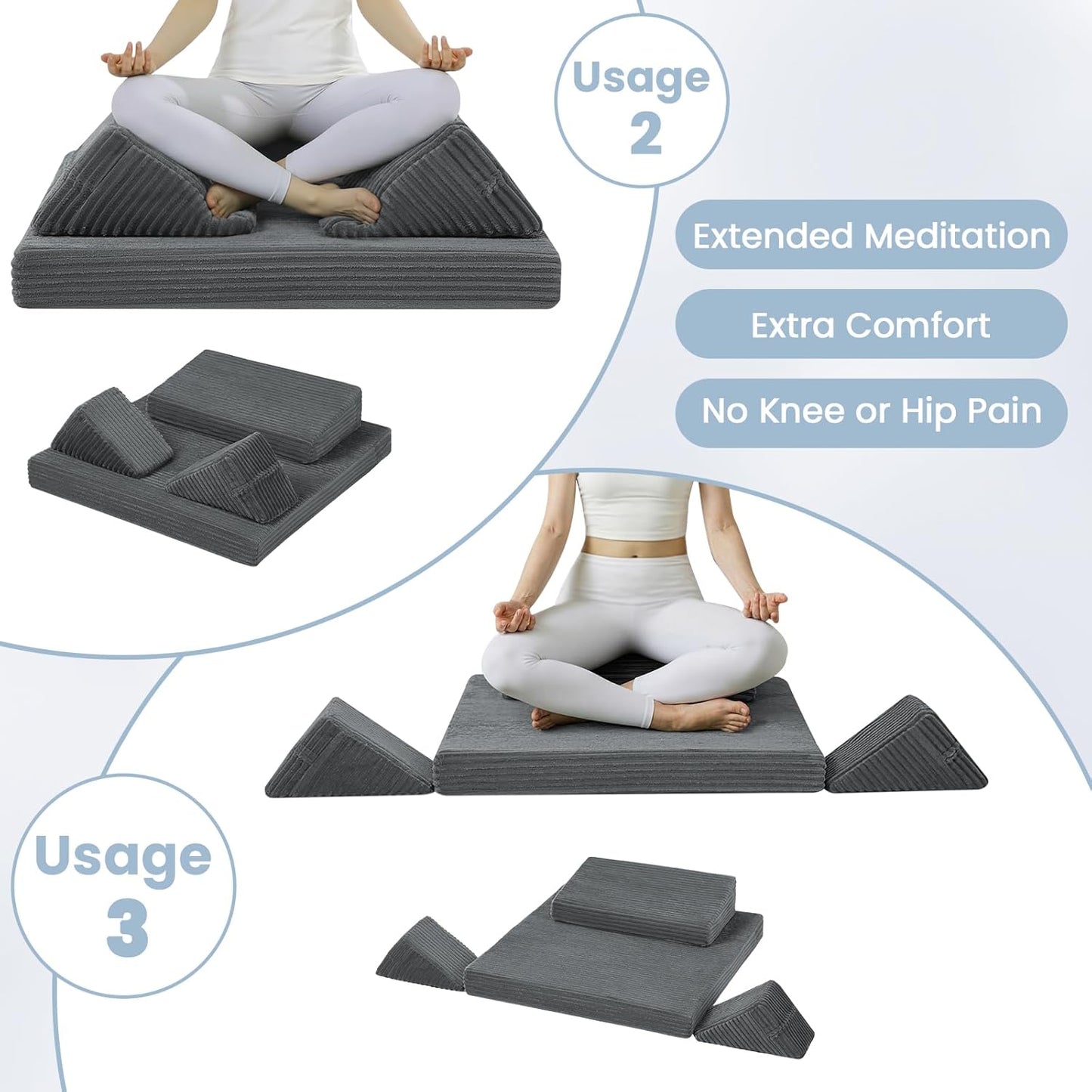 Meditation Cushion, Meditation Mat with Knee Support, Dark Grey | Large Washable Meditation Pillow for Sitting on Floor, Yoga Pillow with 2 Knee Cushions for Comfortable Sitting, 24x24in