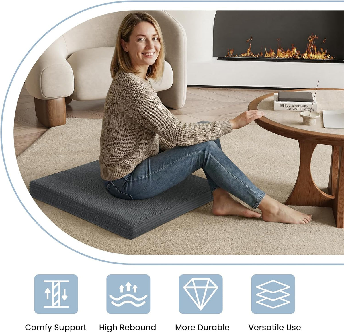 Meditation Cushion, Meditation Mat with Knee Support, Dark Grey | Large Washable Meditation Pillow for Sitting on Floor, Yoga Pillow with 2 Knee Cushions for Comfortable Sitting, 24x24in