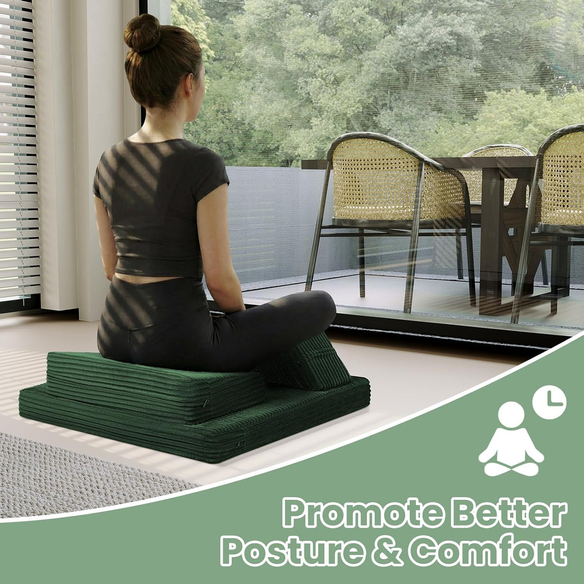 Meditation Cushion, Meditation Mat with Knee Support, Dark Grey | Large Washable Meditation Pillow for Sitting on Floor, Yoga Pillow with 2 Knee Cushions for Comfortable Sitting, 24x24in