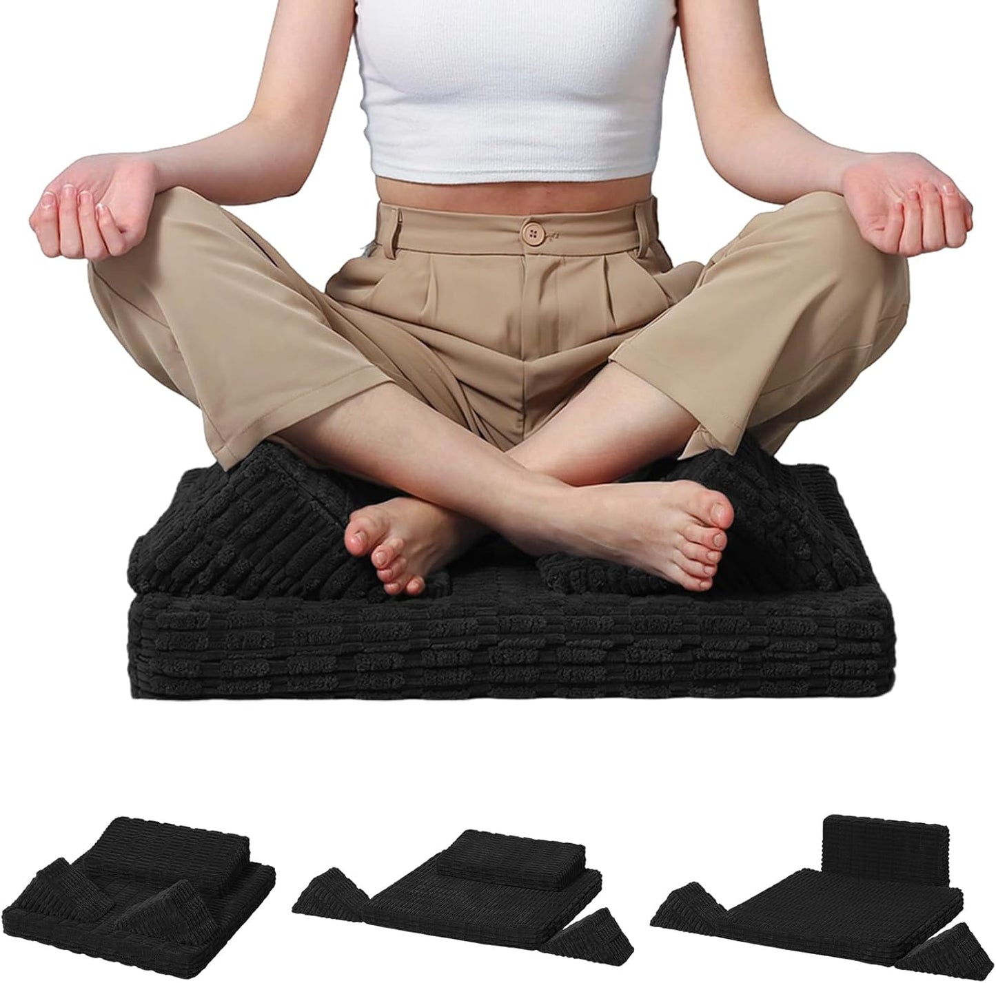 Meditation Cushion, Meditation Mat with Knee Support, Dark Grey | Large Washable Meditation Pillow for Sitting on Floor, Yoga Pillow with 2 Knee Cushions for Comfortable Sitting, 24x24in