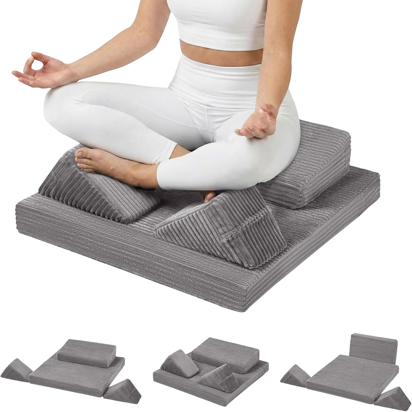 Meditation Cushion, Meditation Mat with Knee Support, Dark Grey | Large Washable Meditation Pillow for Sitting on Floor, Yoga Pillow with 2 Knee Cushions for Comfortable Sitting, 24x24in