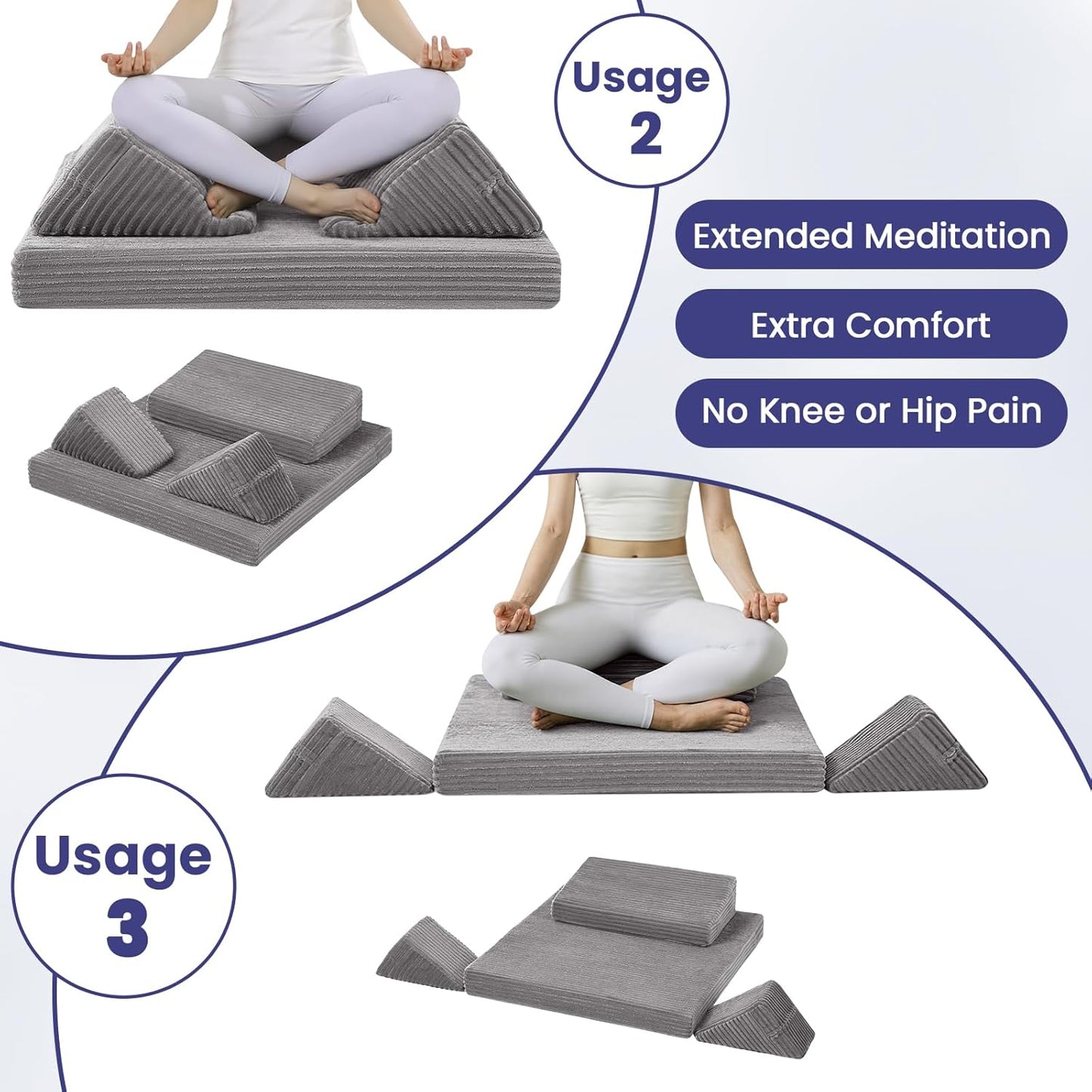 Meditation Cushion, Meditation Mat with Knee Support, Dark Grey | Large Washable Meditation Pillow for Sitting on Floor, Yoga Pillow with 2 Knee Cushions for Comfortable Sitting, 24x24in