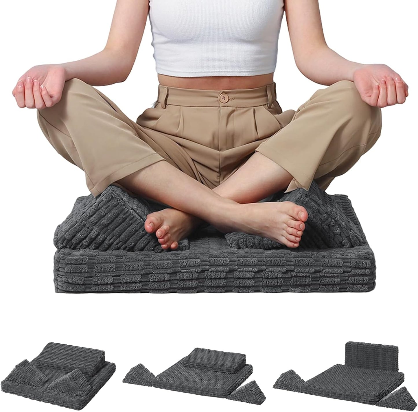 Meditation Cushion, Meditation Mat with Knee Support, Dark Grey | Large Washable Meditation Pillow for Sitting on Floor, Yoga Pillow with 2 Knee Cushions for Comfortable Sitting, 24x24in