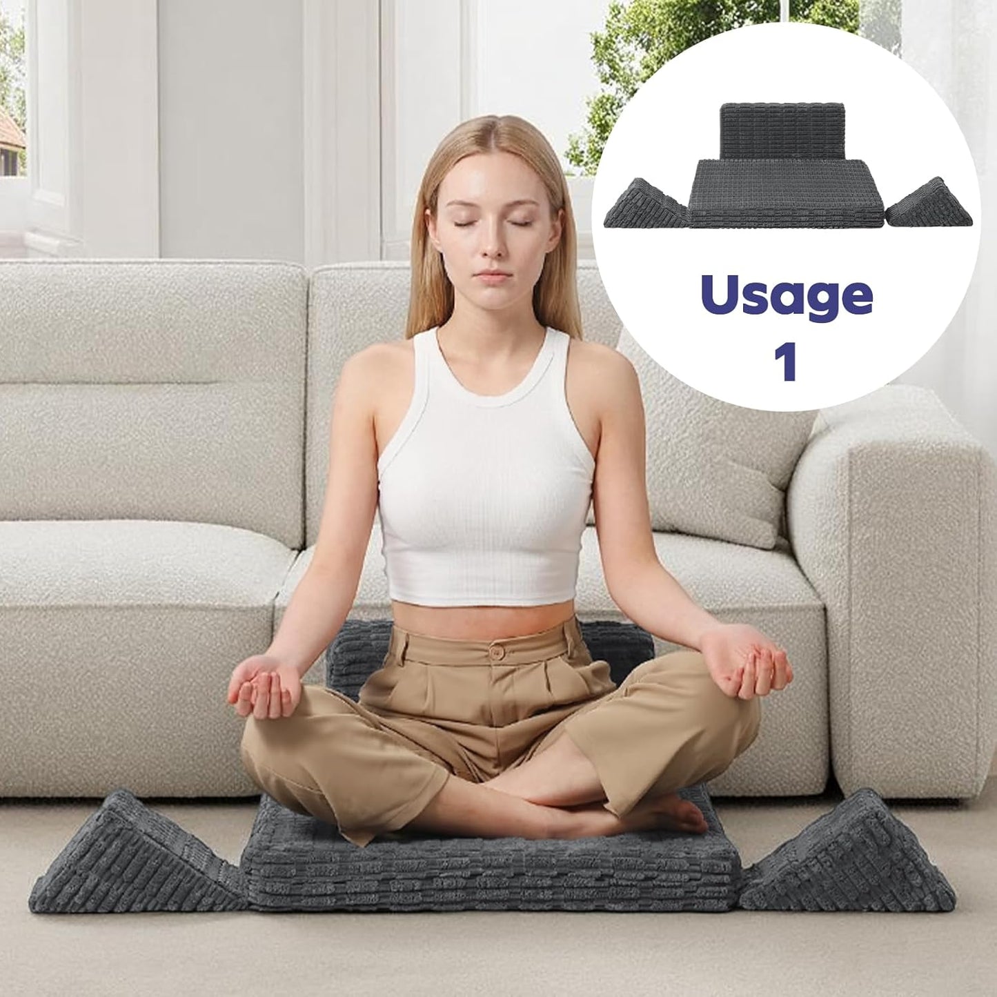 Meditation Cushion, Meditation Mat with Knee Support, Dark Grey | Large Washable Meditation Pillow for Sitting on Floor, Yoga Pillow with 2 Knee Cushions for Comfortable Sitting, 24x24in