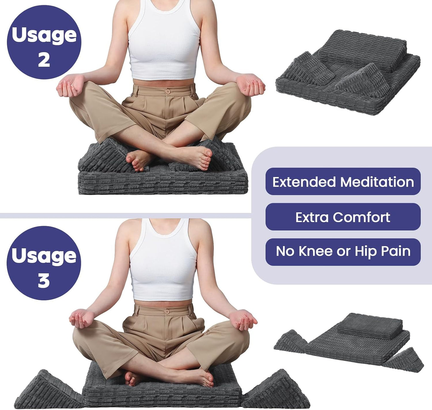 Meditation Cushion, Meditation Mat with Knee Support, Dark Grey | Large Washable Meditation Pillow for Sitting on Floor, Yoga Pillow with 2 Knee Cushions for Comfortable Sitting, 24x24in