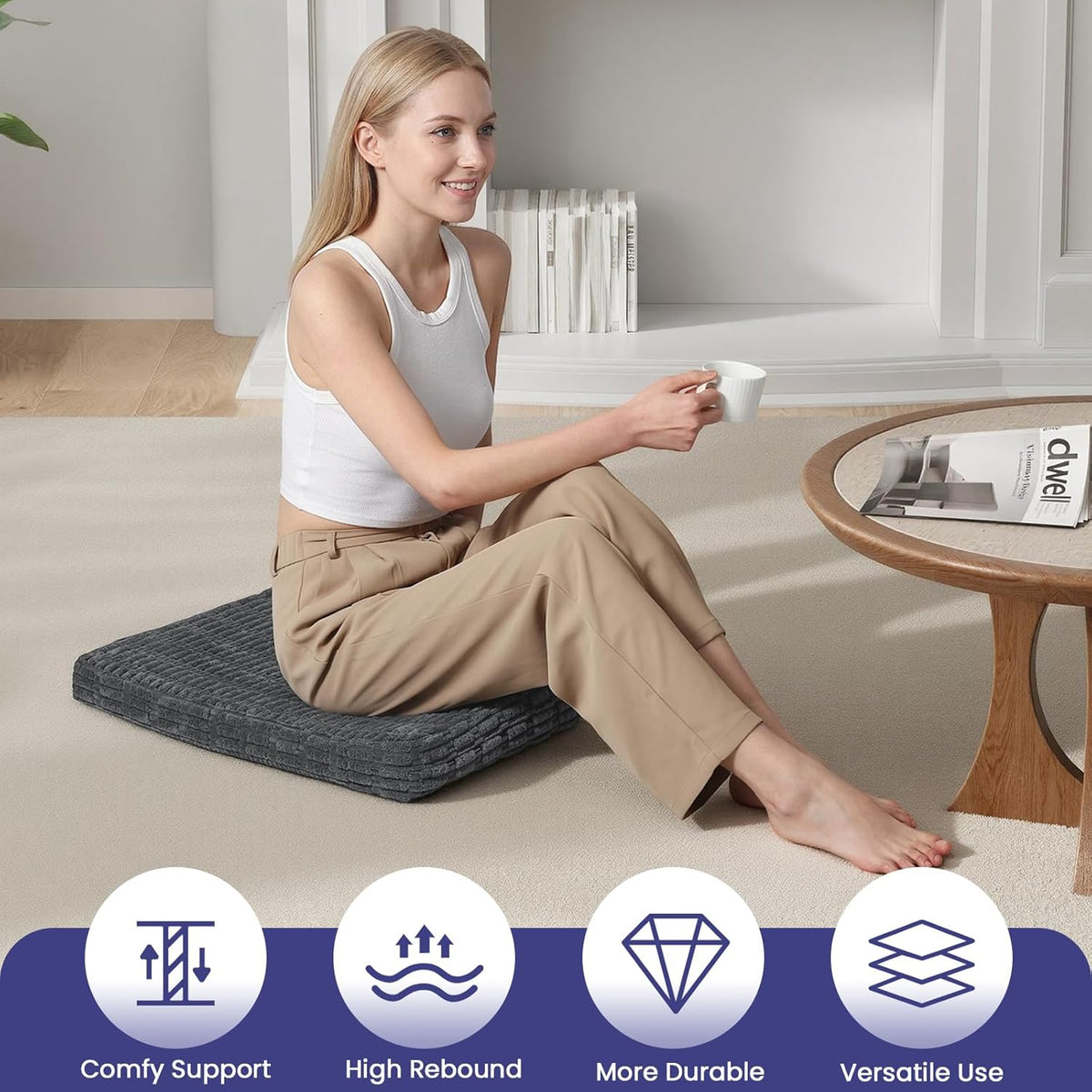 Meditation Cushion, Meditation Mat with Knee Support, Dark Grey | Large Washable Meditation Pillow for Sitting on Floor, Yoga Pillow with 2 Knee Cushions for Comfortable Sitting, 24x24in