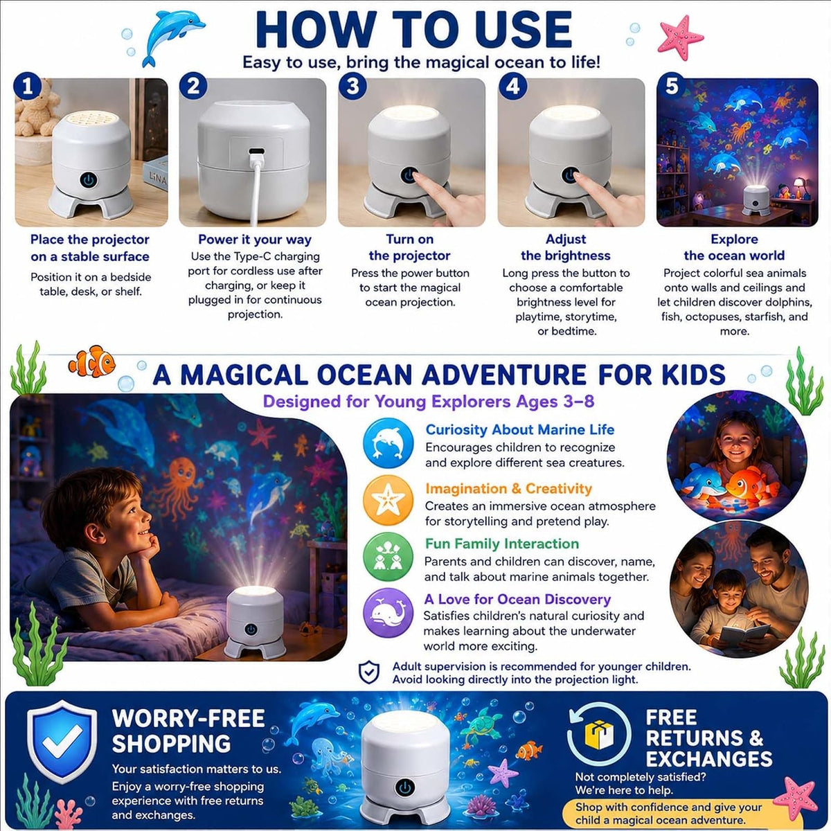 Dynamic 360° Rotating Ocean Wave Projector Night Light, Multi-Angle Projection Base, Plug & Play USB Dimmable Mood Light for Bedroom Meditation, Adults Home Theater Relaxation (1)