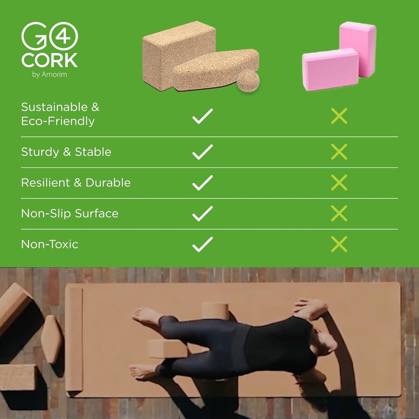 Cork Yoga Block | Non-Toxic, Alternative To Foam Yoga Blocks | Odorless, Soft, Non-Slip, Workout & Exercise | Yogi Gift Accessories | Men & Women | Eco Friendly, Sustainable