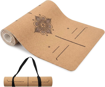 Cork Yoga Mat extra thick 6mm TPE Yoga Mat 72x24 Inch High Density Non-Slip Workout Mat Super Grip Quick-Dry for Hot Yoga, Home Gym