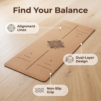 Cork Yoga Mat extra thick 6mm TPE Yoga Mat 72x24 Inch High Density Non-Slip Workout Mat Super Grip Quick-Dry for Hot Yoga, Home Gym