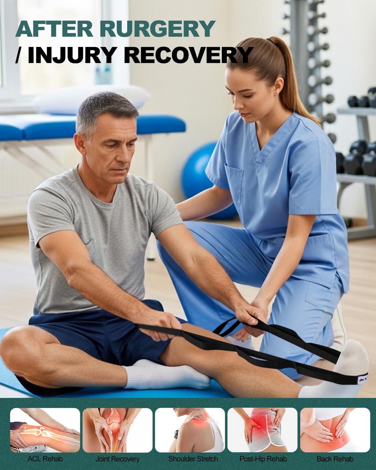 Stretching Strap with Loops & Leg Lifter, Non-Elastic PT-Style Physical Therapy Strap for Knee Replacement Rehab, Hamstring, Calf & Back Stretcher Mobility, Hip, Shoulder & Yoga