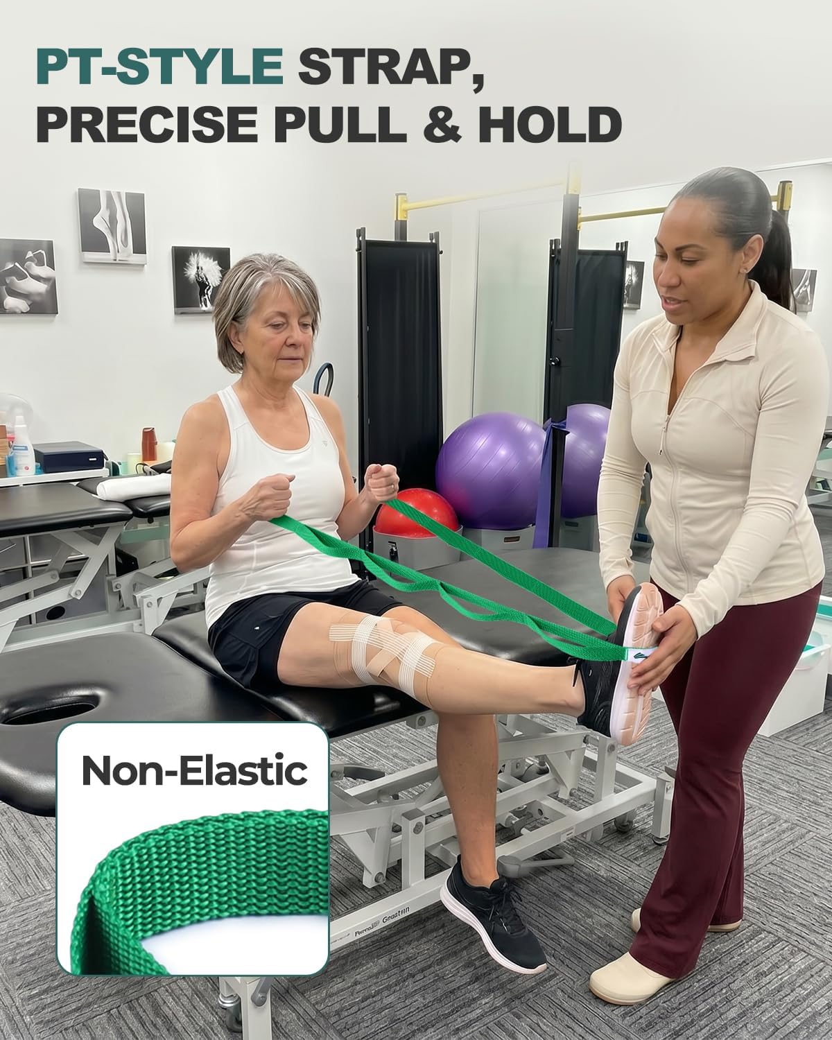Stretching Strap with Loops & Leg Lifter, Non-Elastic PT-Style Physical Therapy Strap for Knee Replacement Rehab, Hamstring, Calf & Back Stretcher Mobility, Hip, Shoulder & Yoga