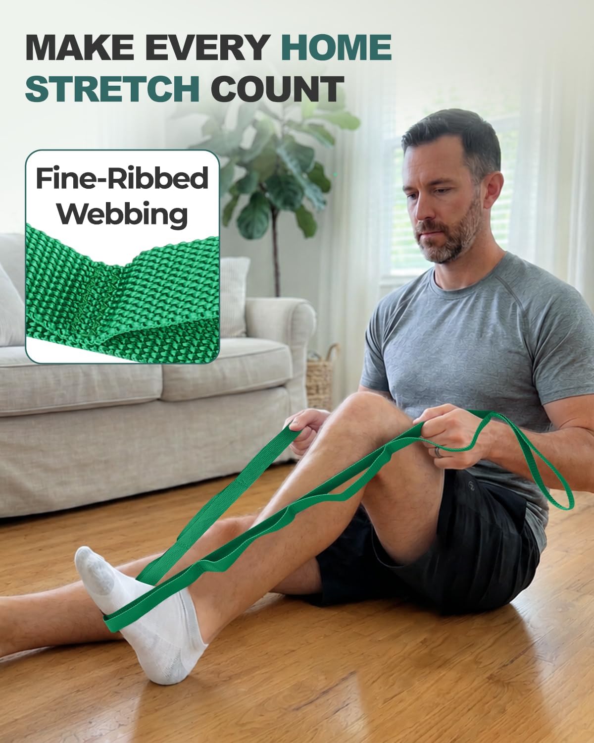 Stretching Strap with Loops & Leg Lifter, Non-Elastic PT-Style Physical Therapy Strap for Knee Replacement Rehab, Hamstring, Calf & Back Stretcher Mobility, Hip, Shoulder & Yoga