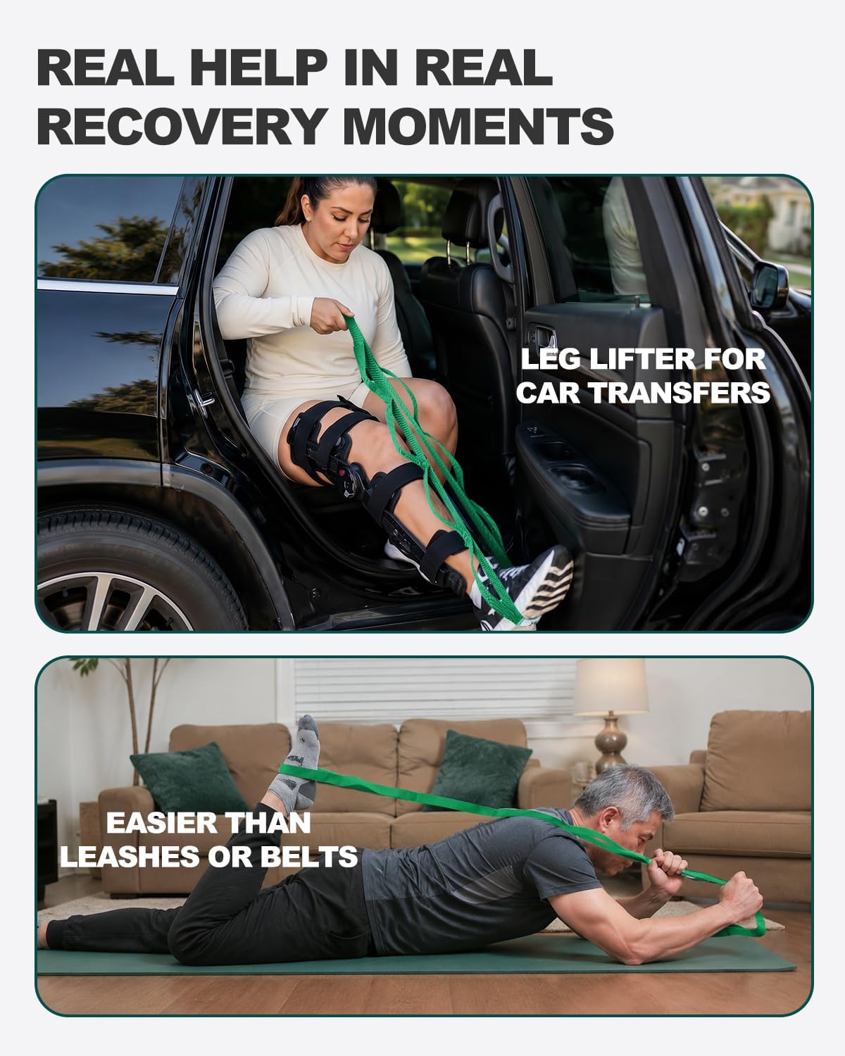 Stretching Strap with Loops & Leg Lifter, Non-Elastic PT-Style Physical Therapy Strap for Knee Replacement Rehab, Hamstring, Calf & Back Stretcher Mobility, Hip, Shoulder & Yoga